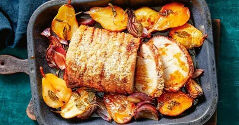 Roast pork with crispy crackling and maple mustard pears