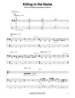 Killing In The Name Sheet Music Rage Against The Machine Bas
