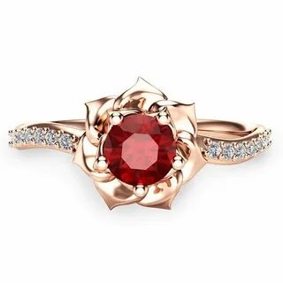 14K Rose Gold Ruby Ring Flower Engagement Ring Unique Ruby E