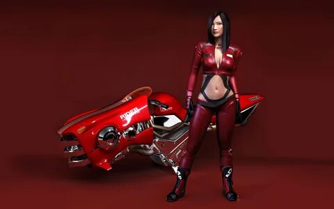 Red rider 3d girl woman sexy vehicle bike breasts leather women females sci...