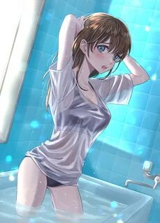 blue eyes, brunette, in bathtub, Kubota Mifuyu, anime, 2D, a