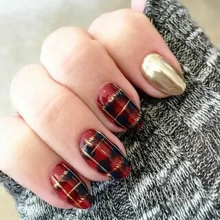 Christmas red plaid nail art with gold chrome accent nail. P