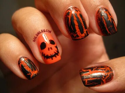 Halloween nails - orange base, crackle black and Jack accent