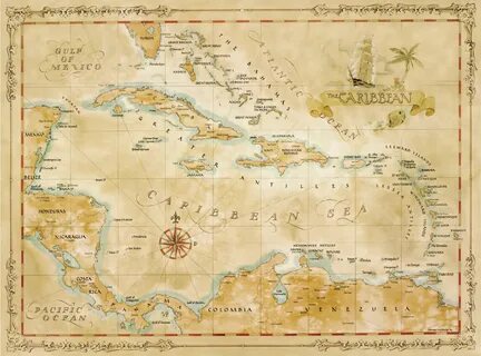 Antique Style Vintage Old World Treasure Pirate Map of the C