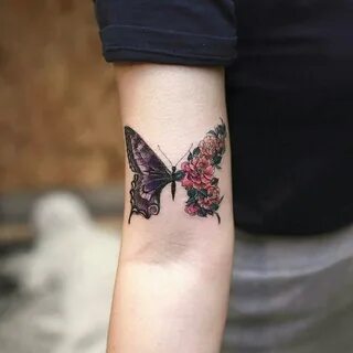 Half realistic half floral butterfly tattoo - Tattoogrid.net