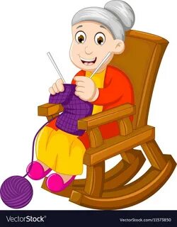 Funny grandmother cartoon knitting in a rocking ch