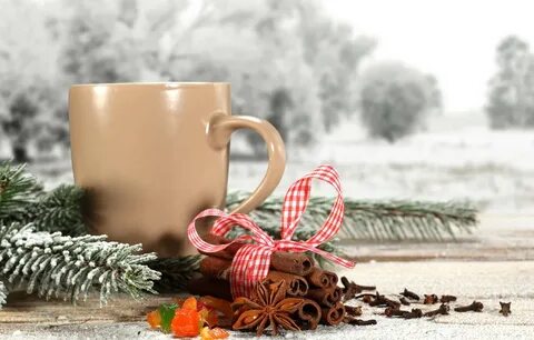 Обои зима, снег, веточка, чай, кофе, лента, сосны, winter, s