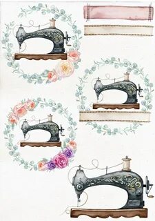 Digital Watercolor Vintage Sewing Logo. Sewing Machine With 