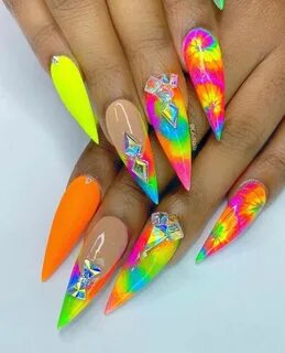 Rainbow Neon Tie-Dye Stiletto Nails with Swarovski Crystals 