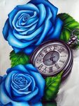 3D Blue Rose With Pocket Watch Tattoo Design By Lindsay Blue
