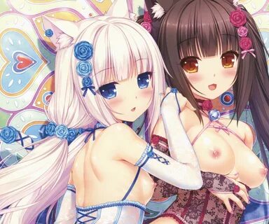 2girls animal ears black hair blue eyes blush breasts brown 