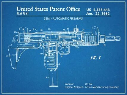 1982 Uzi Submachine Gun Blueprint Patent Print Drawing by Gr