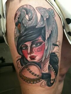 beautiful swan and gypsy lady tattoo my thigh piece i got . 
