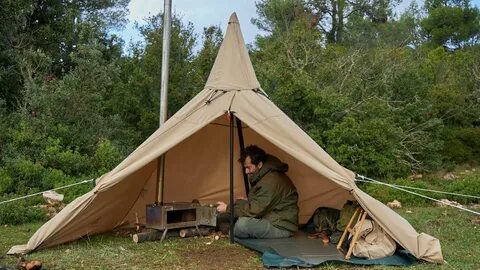 2 Days Solo Bushcraft Canvas Hot Tent Camping, Cooking on a 