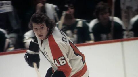 A fearsome Bobby Clarke rushes up the ice during a game with