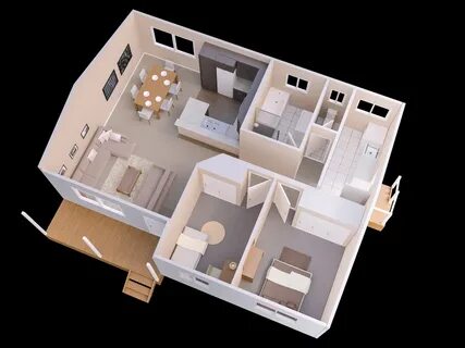 Sq Ft Low Cost 2 Bedroom House Floor Plan Design 3d