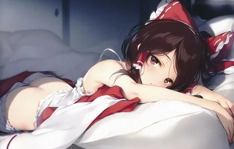 ...лежит, подушка, touhou, art, оборки, смотрит в камеру, Hakurei Reimu, To...
