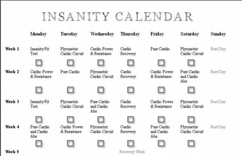 Insanity Calendar: 11 Insanity 60 Day Workout Calendar (Prin