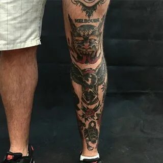 Freehand traditional patchwork leg sleeve tattoo Leg sleeve 