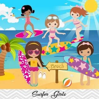 Surfing Girl Digital Clip Art, Summer Beach Party Clipart, S