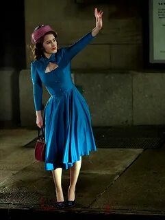 Rachel Brosnahan Films 'Mrs. Maisel' In Blue Dress & Pink Ha