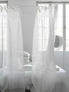 White sheer curtains with pleats and ties at the top, Remode