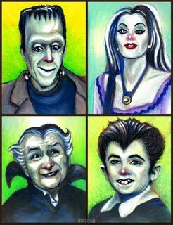 The Munsters color pencil drawing of Herman, Lily, Grandpa, 