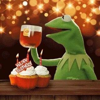Kermit drinking tea and wishing happy birthday. Funny GIF an
