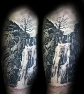 Cool Realistic Waterfall Mens Black And Grey Shaded Half Sle