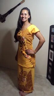 Yellow Puletasi with Brown handpainted design Samoan dress, 