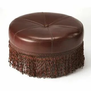 Round Brown Leather Fringed Bottom Coffee Table Ottoman in 2