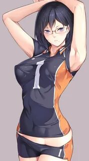 Safebooru - 1girl armpits black eyes black hair glasses haik