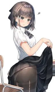 Safebooru - 1girl black skirt blouse desk half updo highres 