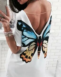 Backless Butterfly Print Short Sleeve T-Shirt, White.