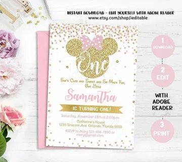 Pink and Gold Minnie Mouse 1st Birthday Invitation First Ets