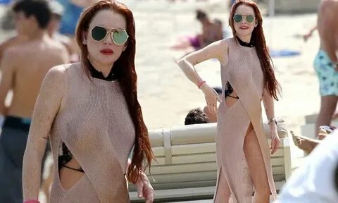 Lindsay Lohan shows off figure in a nude dress and sexy swim