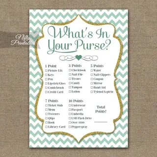 Printable What's In Your Purse Game - Mint Gold Chevron
