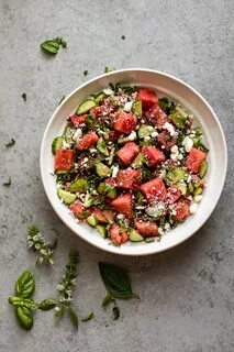 Simple Watermelon Feta Salad with Cucumber, Basil, and Mint 