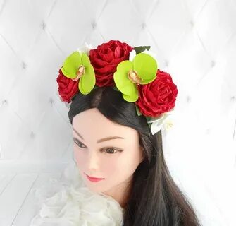 Mexican wedding Bridal flower crown Red rosa Orchid hair pie