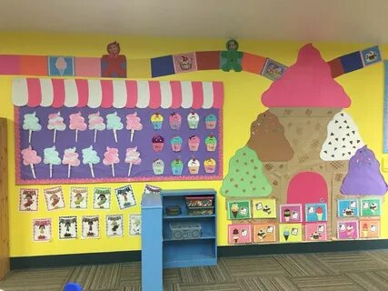 Candyland Theme: bulletin board with Cotton Candy and cupcak