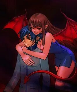 Safebooru - 1boy 1girl atlus blue hair demon girl demon tail