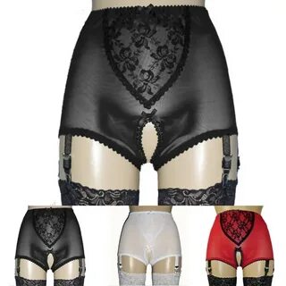 NEW Women's High-waist Crotchless Garter Panty Lace Mesh Lin