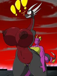 spyro the dragon, highres, !, anthro, anthro on anthro, areola, big breasts...