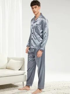 Contrast Binding Satin Pajama Set Mens pajamas set, Mens lou