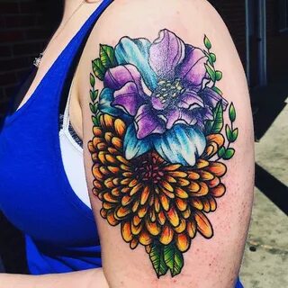 Larkspur & chrysanthemum finished on my arm. These are my mo