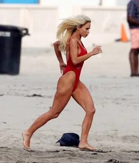 LILY JAMES in Swimsuit as Pam Anderson on the Set of Pam and