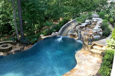 pool with slide waterfall grotto cave Backyard pool, Swimmin