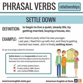 Phrasal verb 'settle down'. English verbs, English language 
