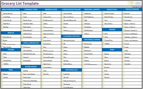 Grocery list template (Categorized) - Dotxes Printable groce