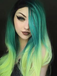 Dark Green to Yellow Ombre Long Straight Synthetic Lace Fron